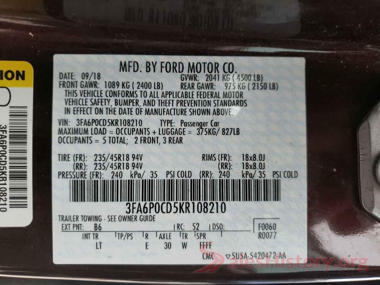 3FA6P0CD5KR108210 2019 FORD FUSION