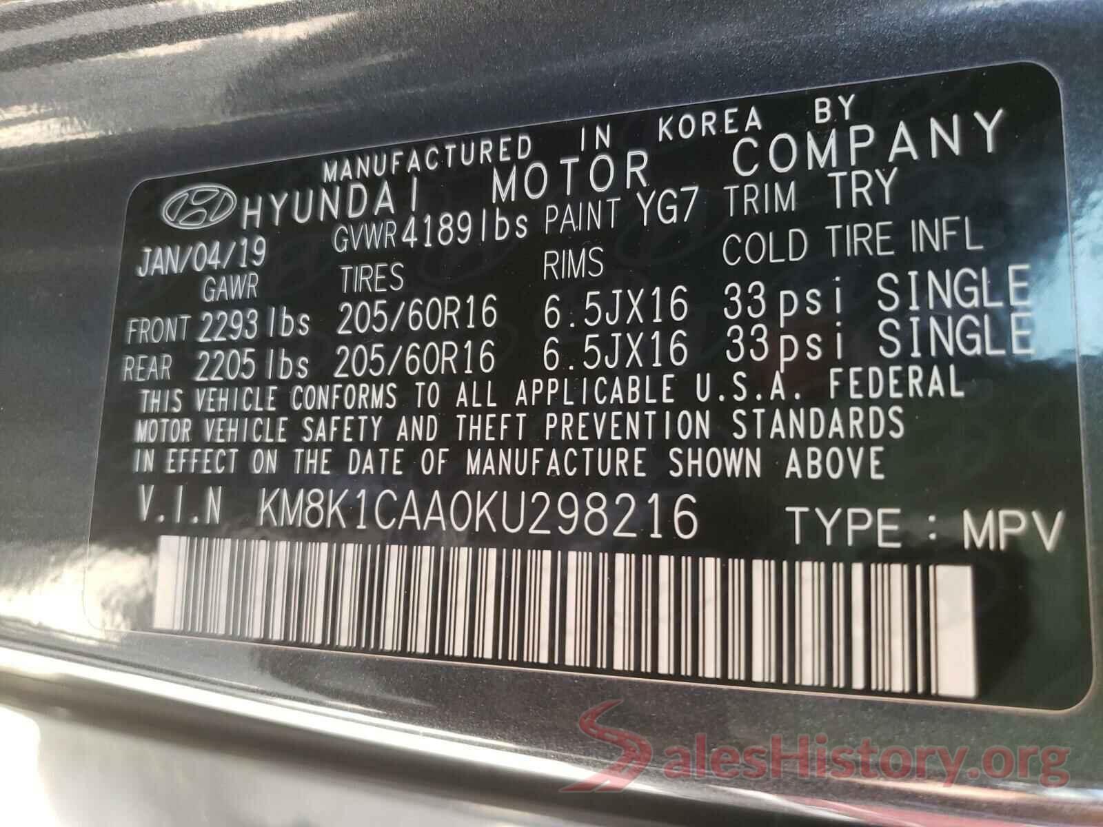 KM8K1CAA0KU298216 2019 HYUNDAI KONA