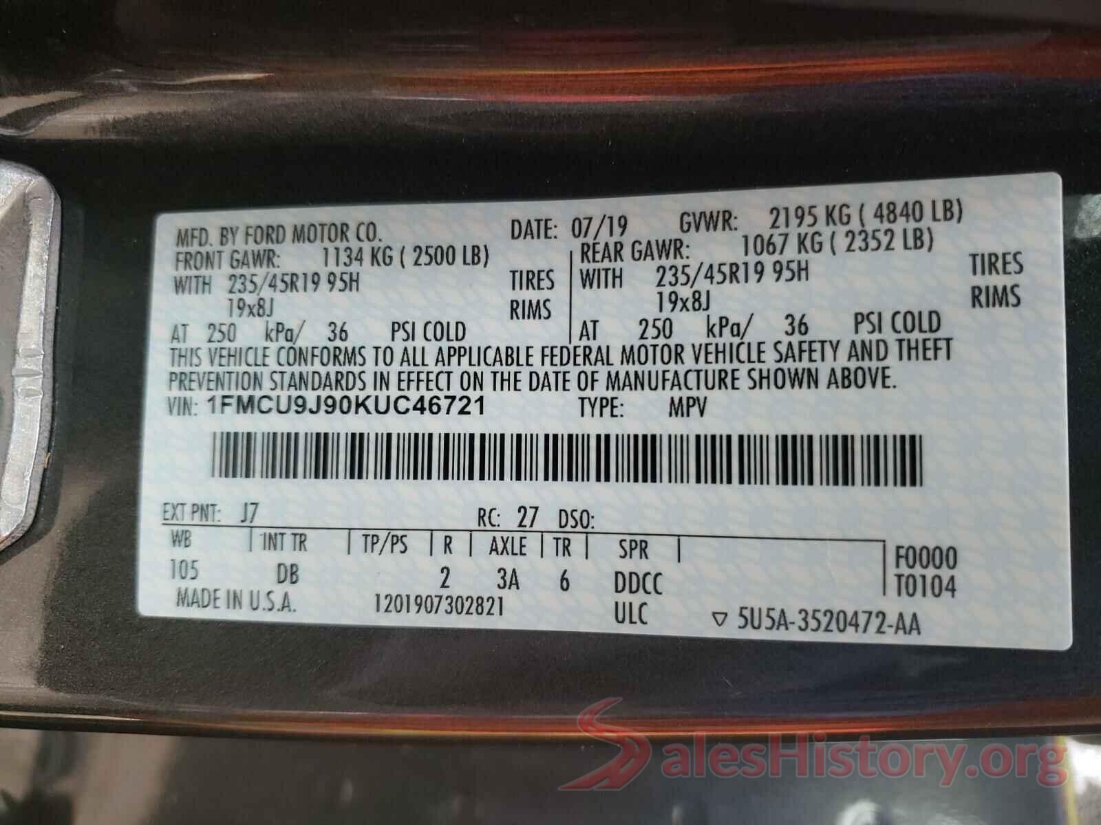 1FMCU9J90KUC46721 2019 FORD ESCAPE