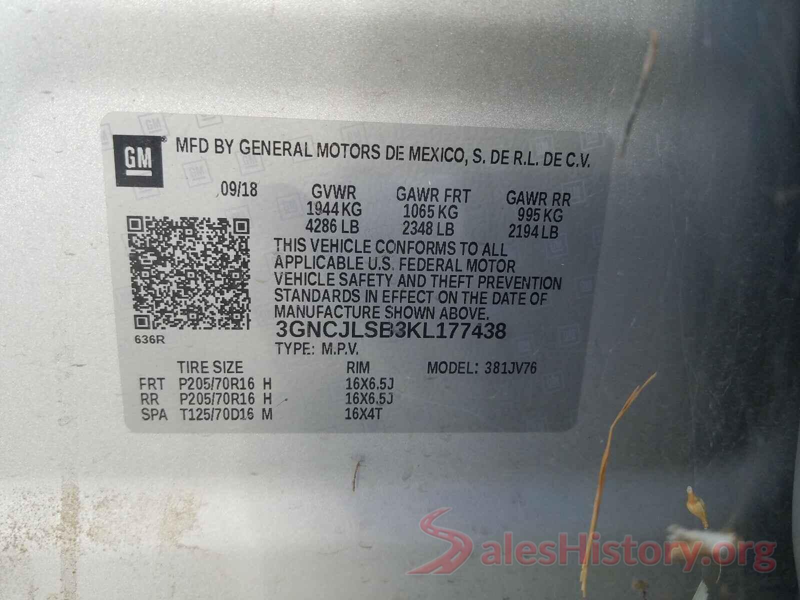 3GNCJLSB3KL177438 2019 CHEVROLET TRAX