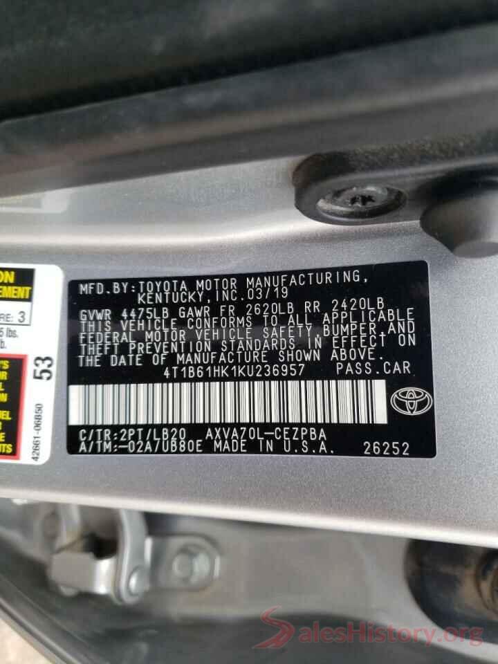 4T1B61HK1KU236957 2019 TOYOTA CAMRY