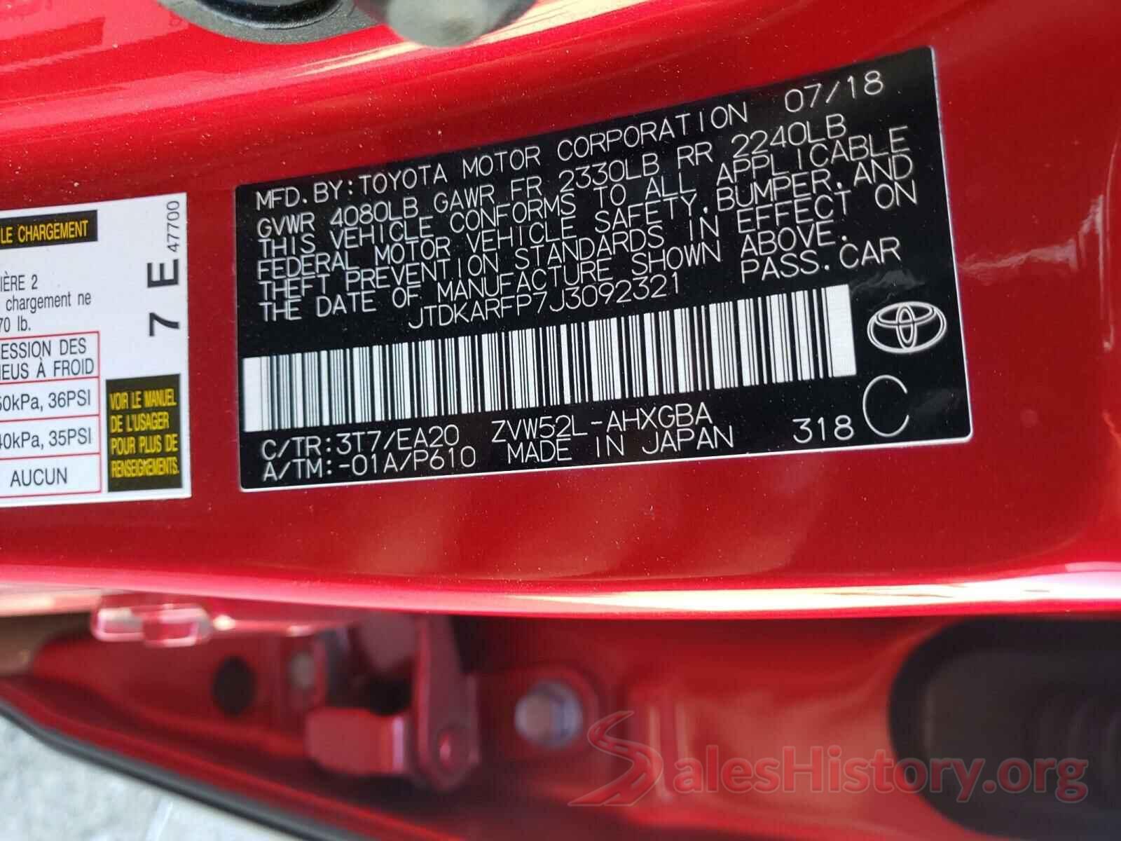 JTDKARFP7J3092321 2018 TOYOTA PRIUS