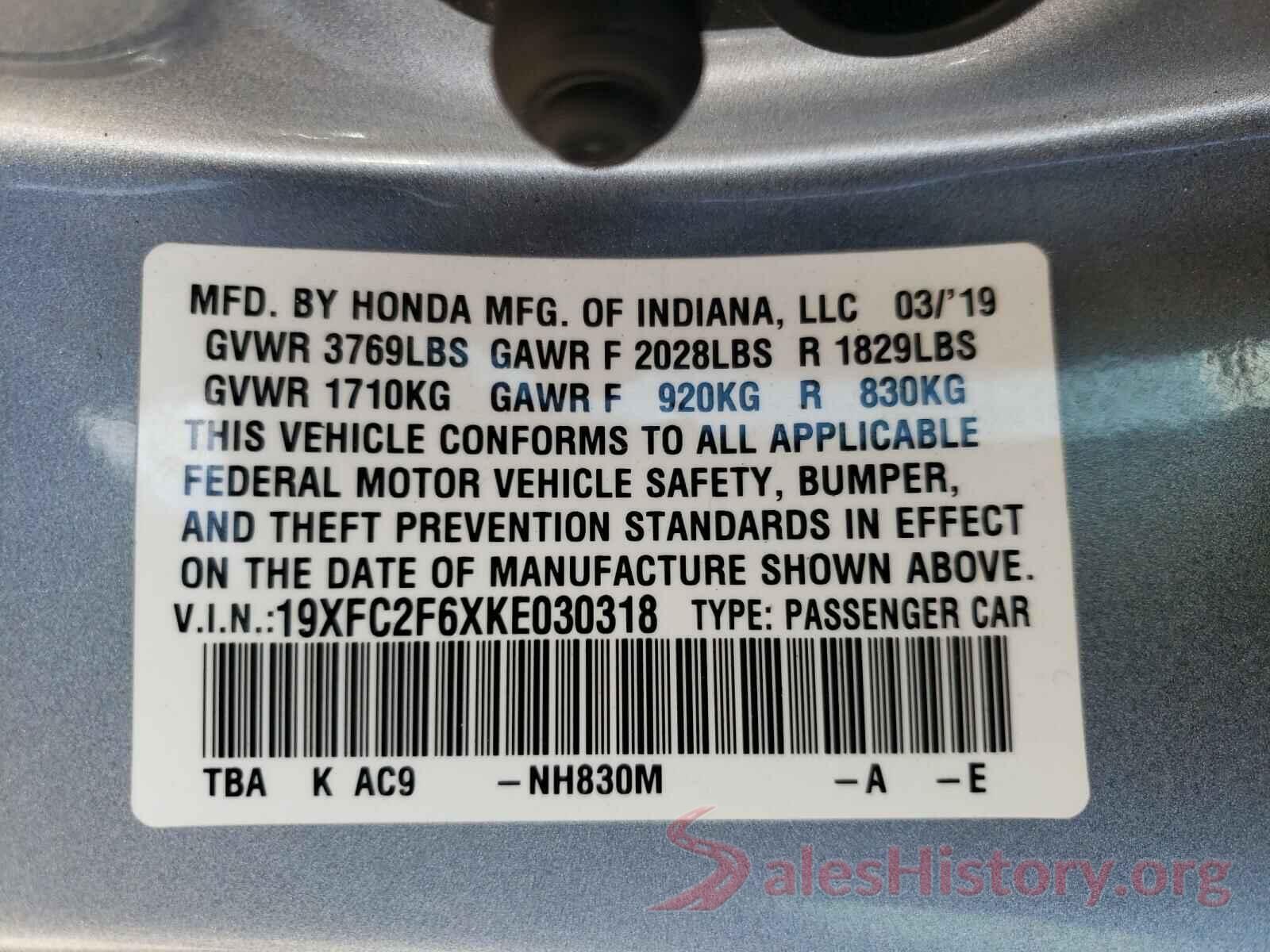 19XFC2F6XKE030318 2019 HONDA CIVIC