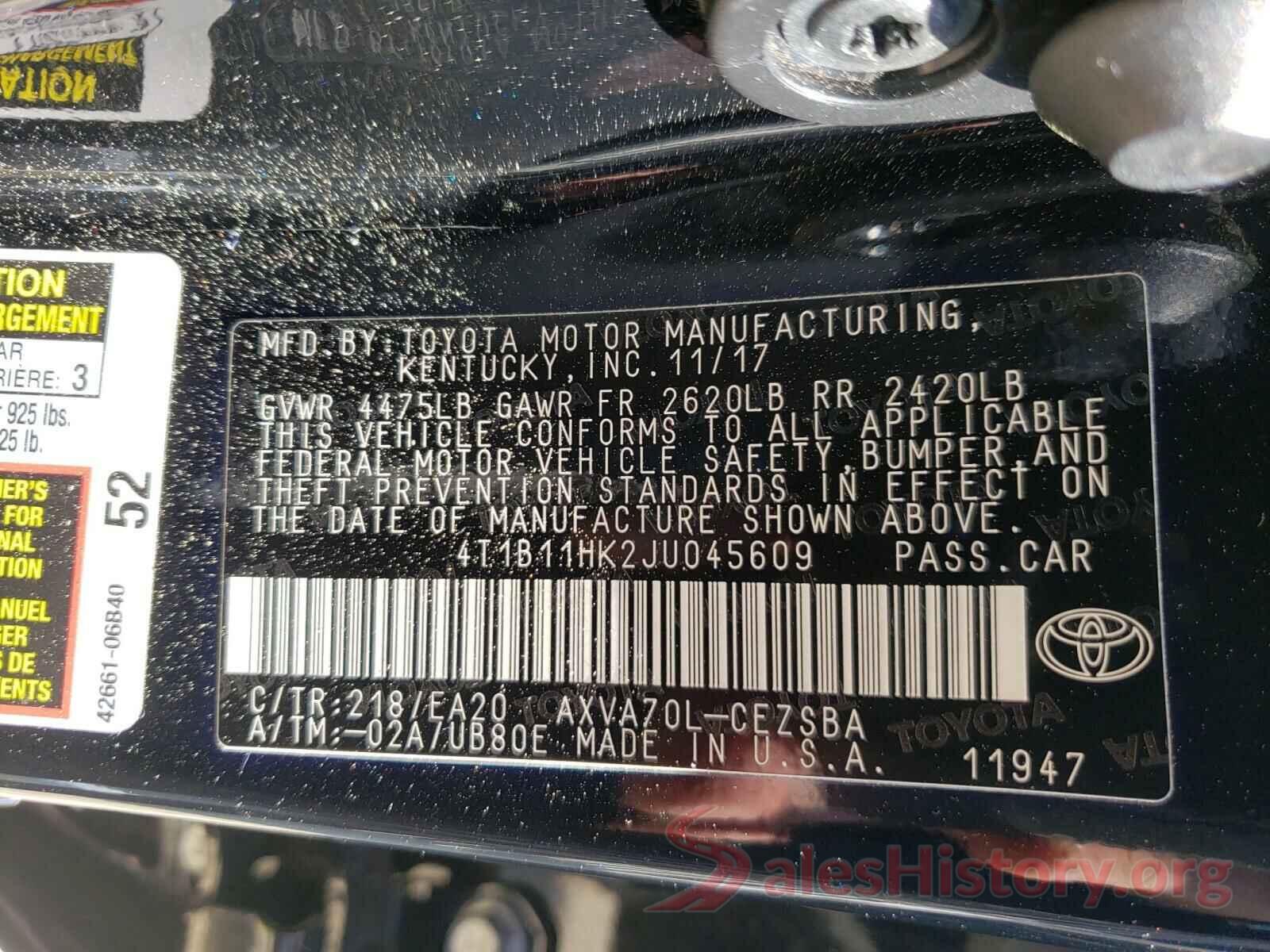 4T1B11HK2JU045609 2018 TOYOTA CAMRY