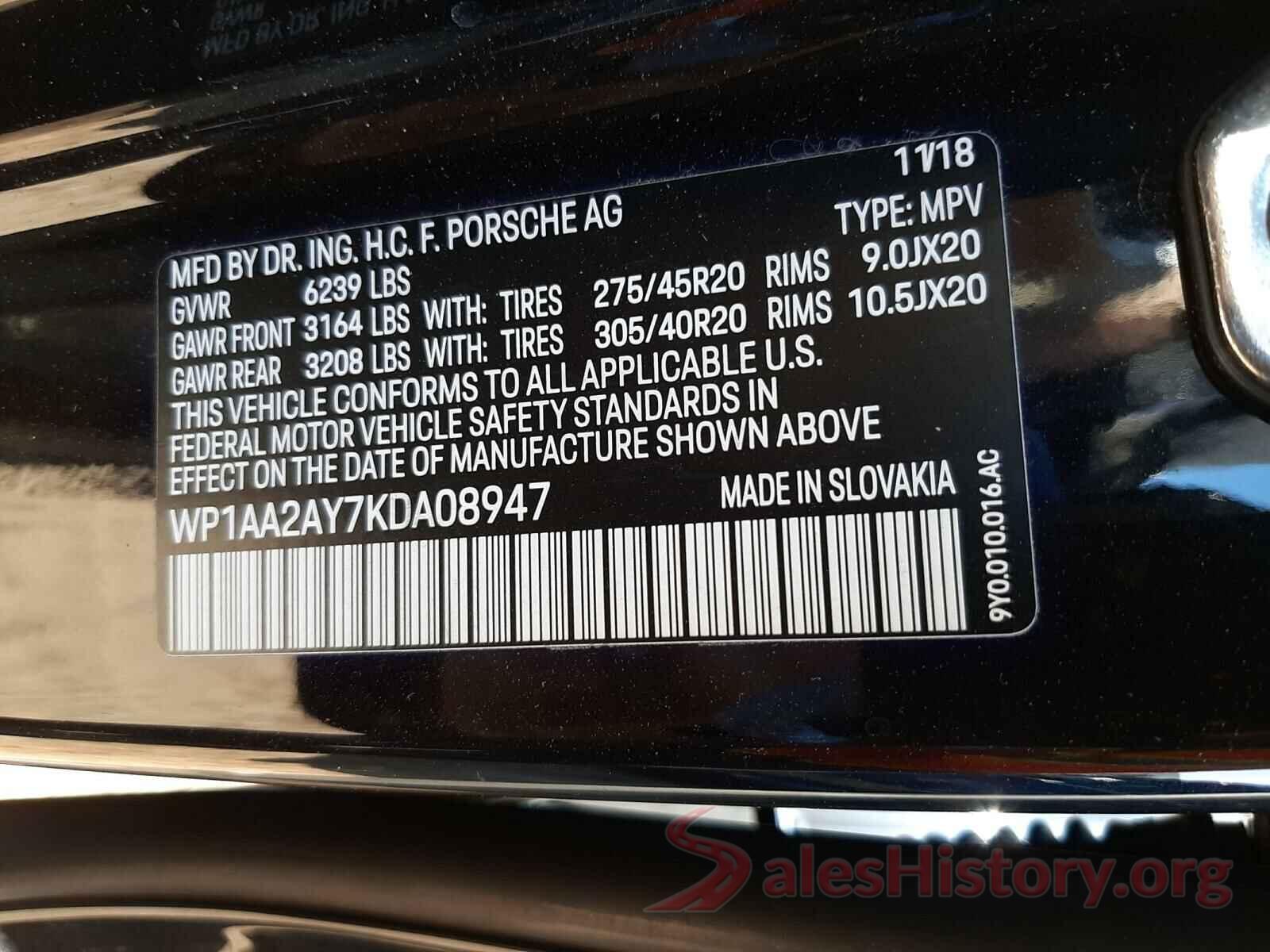 WP1AA2AY7KDA08947 2019 PORSCHE CAYENNE