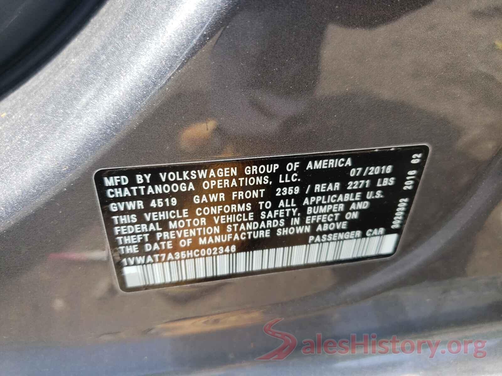 1VWAT7A35HC002346 2017 VOLKSWAGEN PASSAT