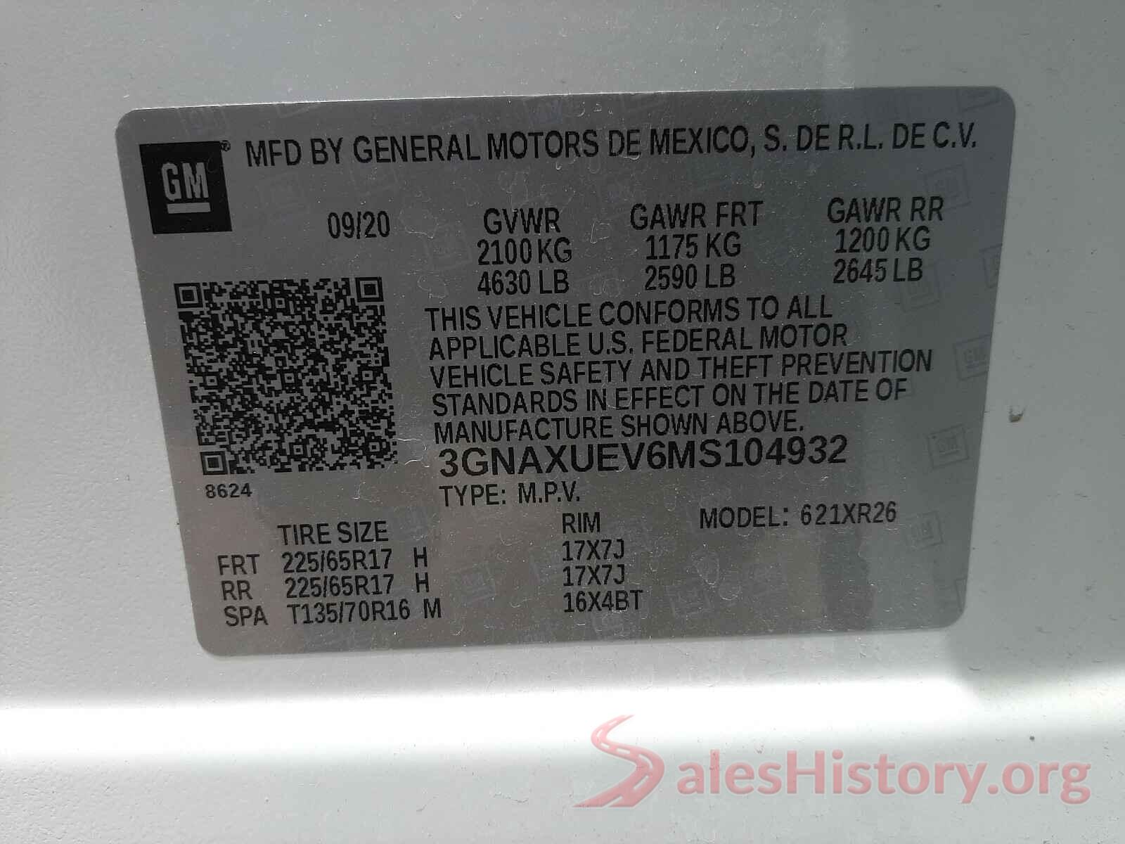 3GNAXUEV6MS104932 2021 CHEVROLET EQUINOX