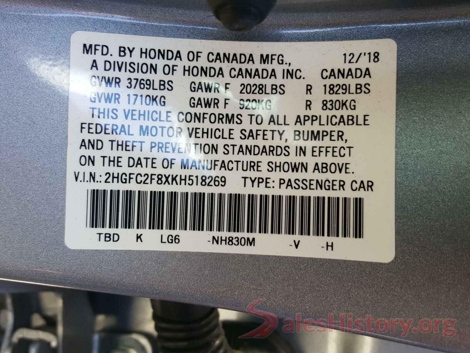 2HGFC2F8XKH518269 2019 HONDA CIVIC