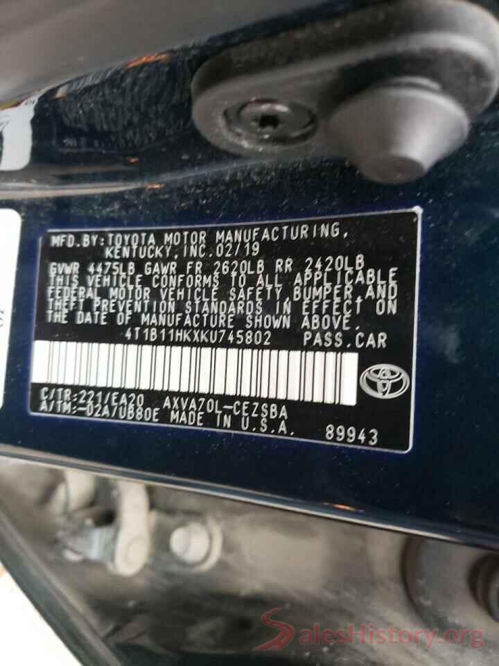 4T1B11HKXKU745802 2019 TOYOTA CAMRY