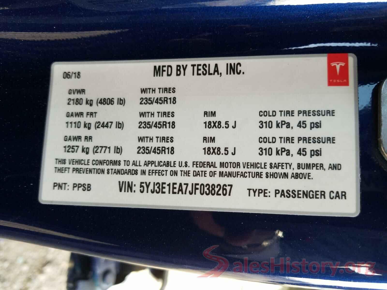 5YJ3E1EA7JF038267 2018 TESLA MODEL 3