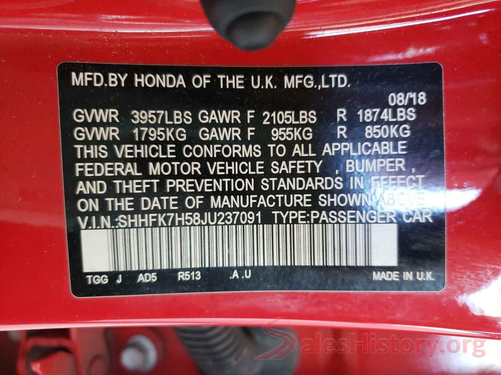 SHHFK7H58JU237091 2018 HONDA CIVIC