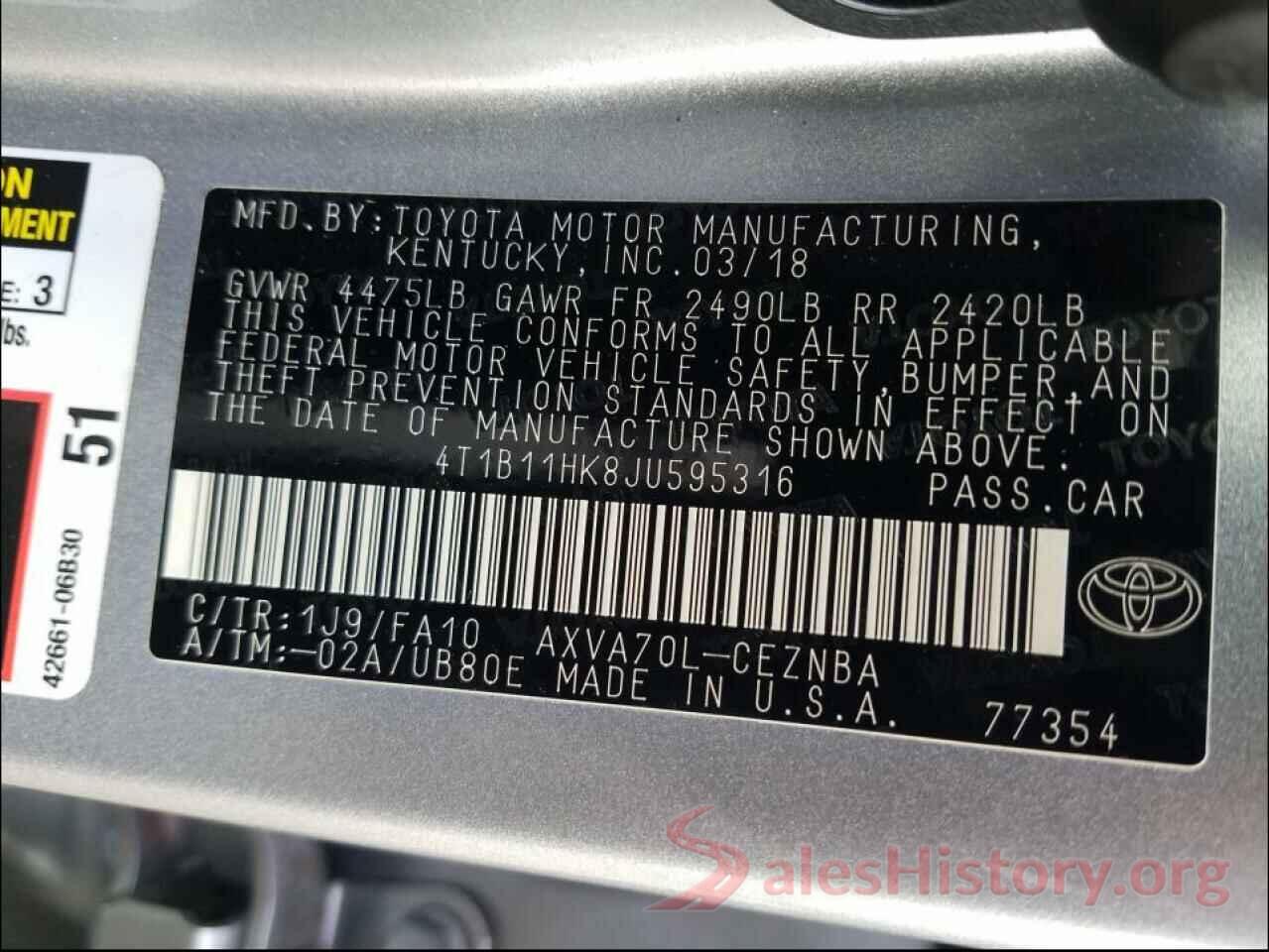 4T1B11HK8JU595316 2018 TOYOTA CAMRY