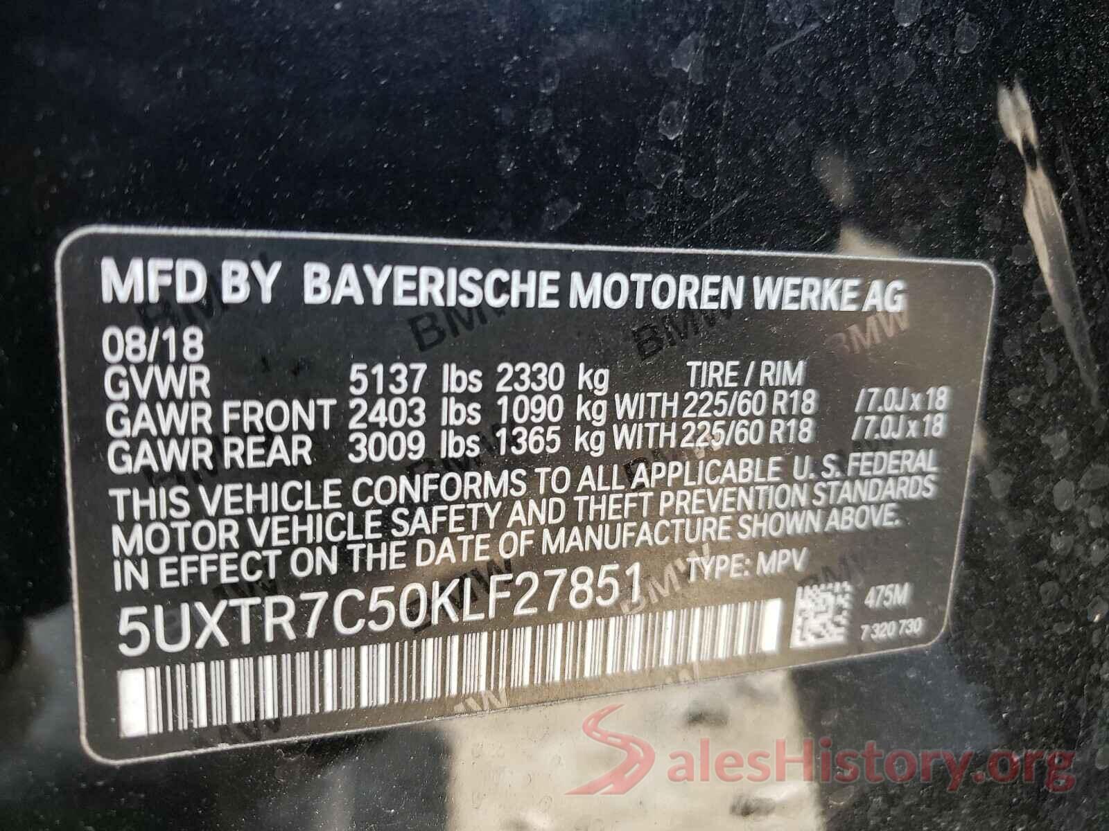 5UXTR7C50KLF27851 2019 BMW X3