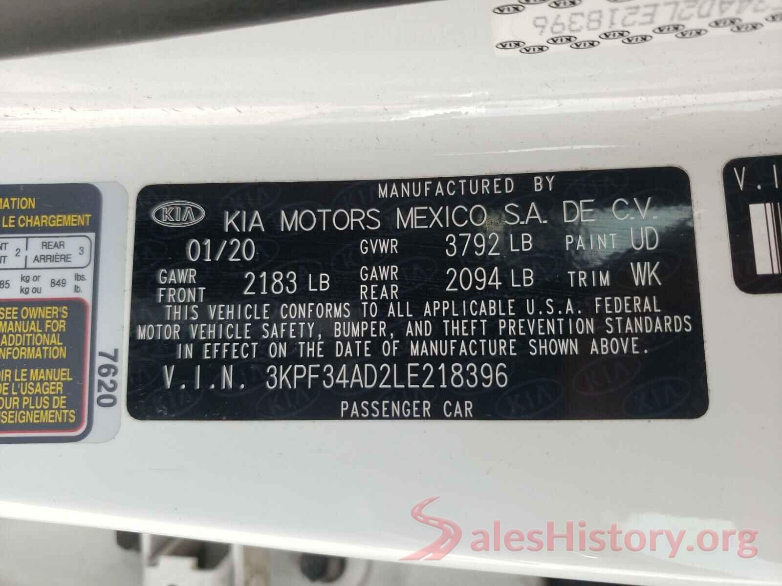 3KPF34AD2LE218396 2020 KIA FORTE