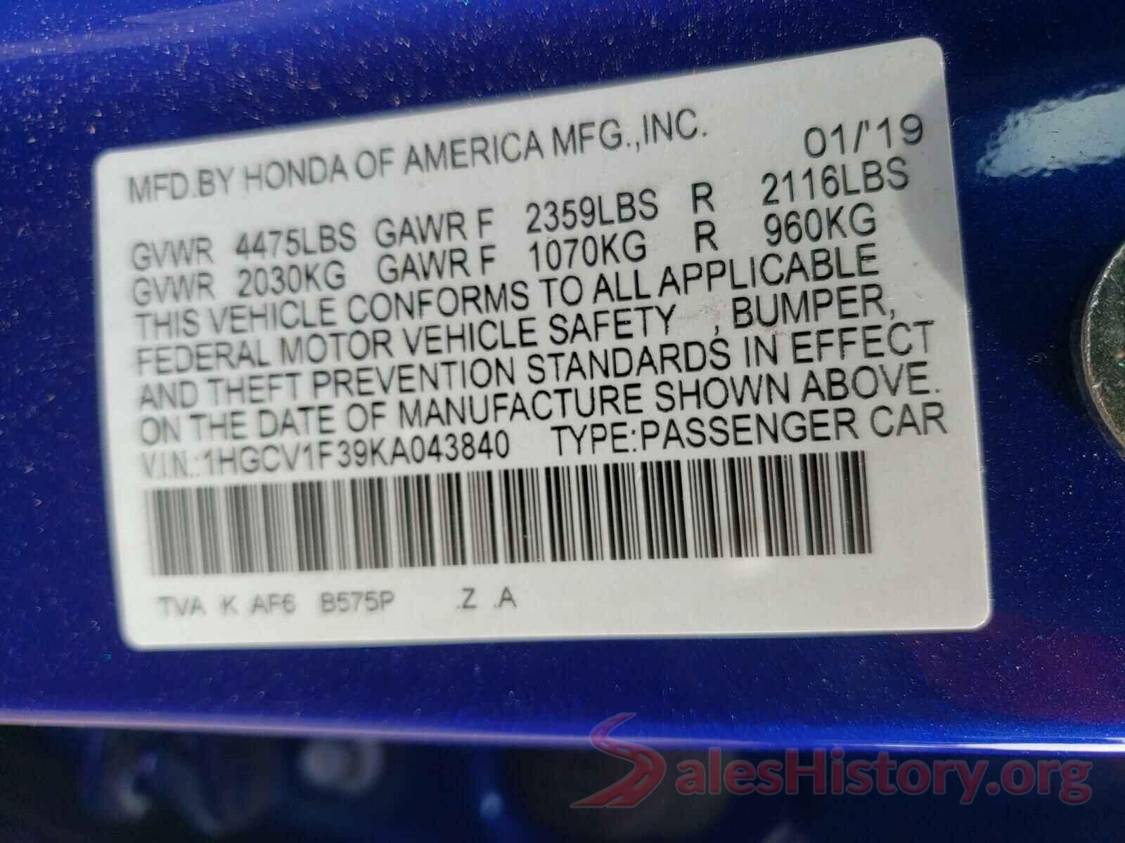 1HGCV1F39KA043840 2019 HONDA ACCORD