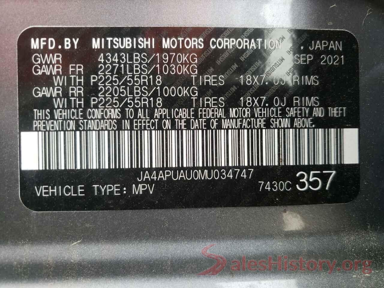 JA4APUAU0MU034747 2021 MITSUBISHI OUTLANDER