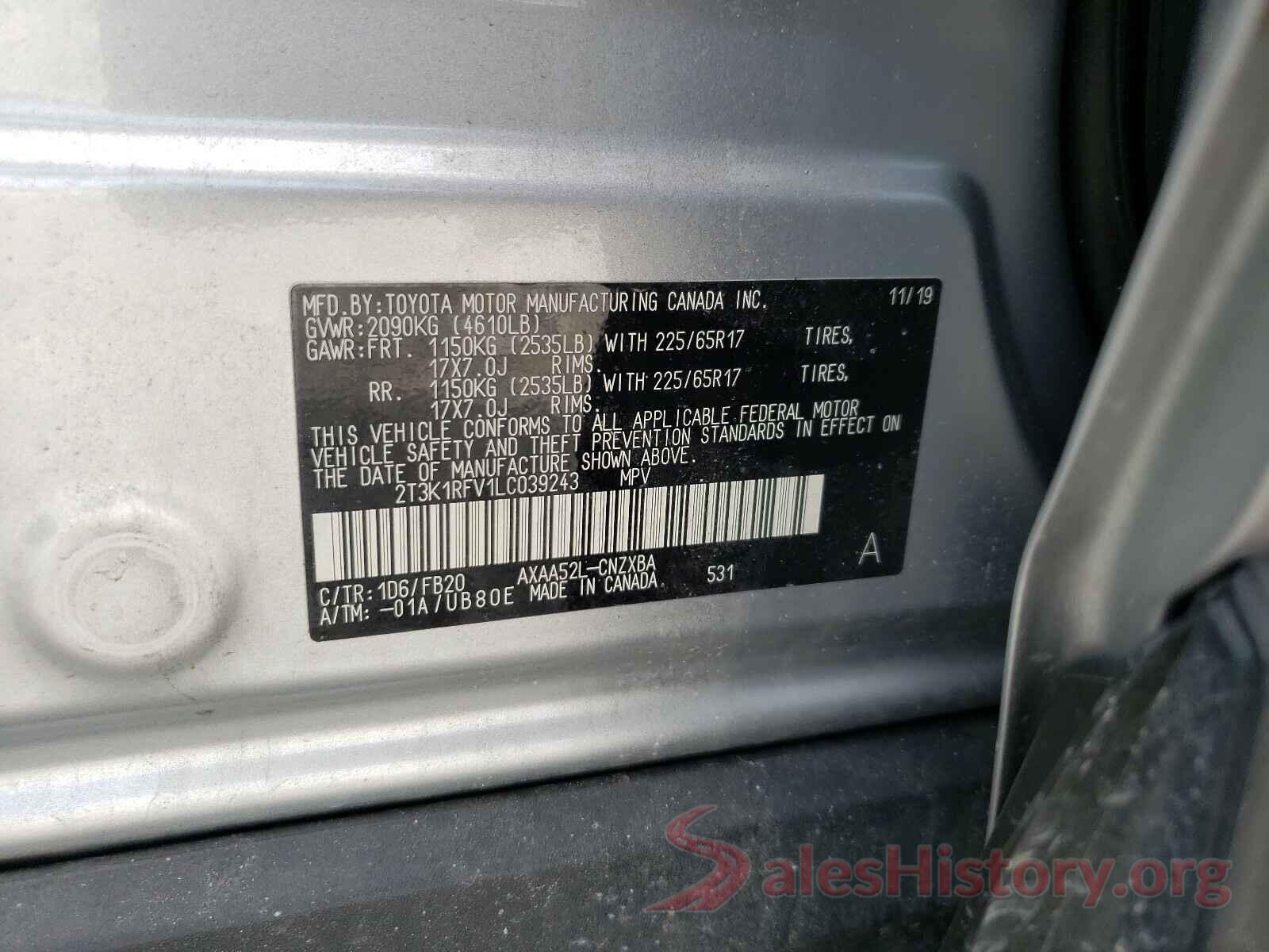 2T3K1RFV1LC039243 2020 TOYOTA RAV4