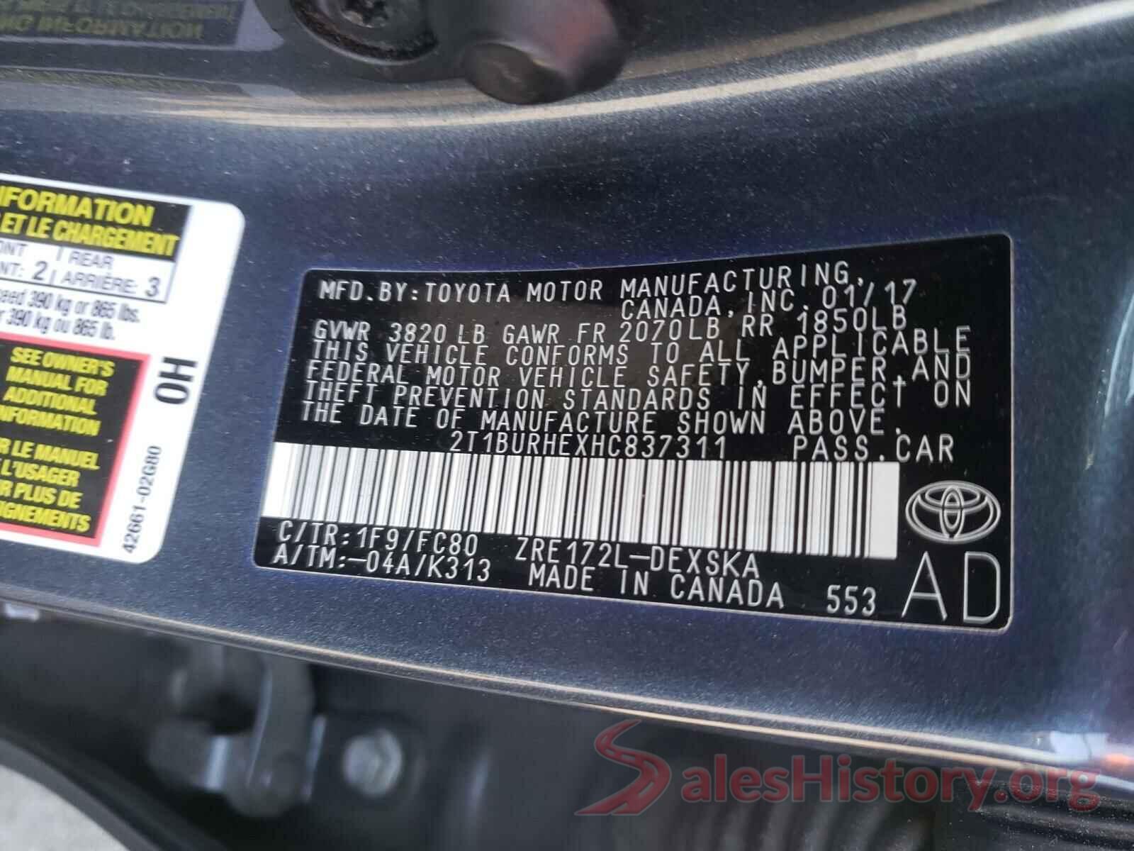 2T1BURHEXHC837311 2017 TOYOTA COROLLA