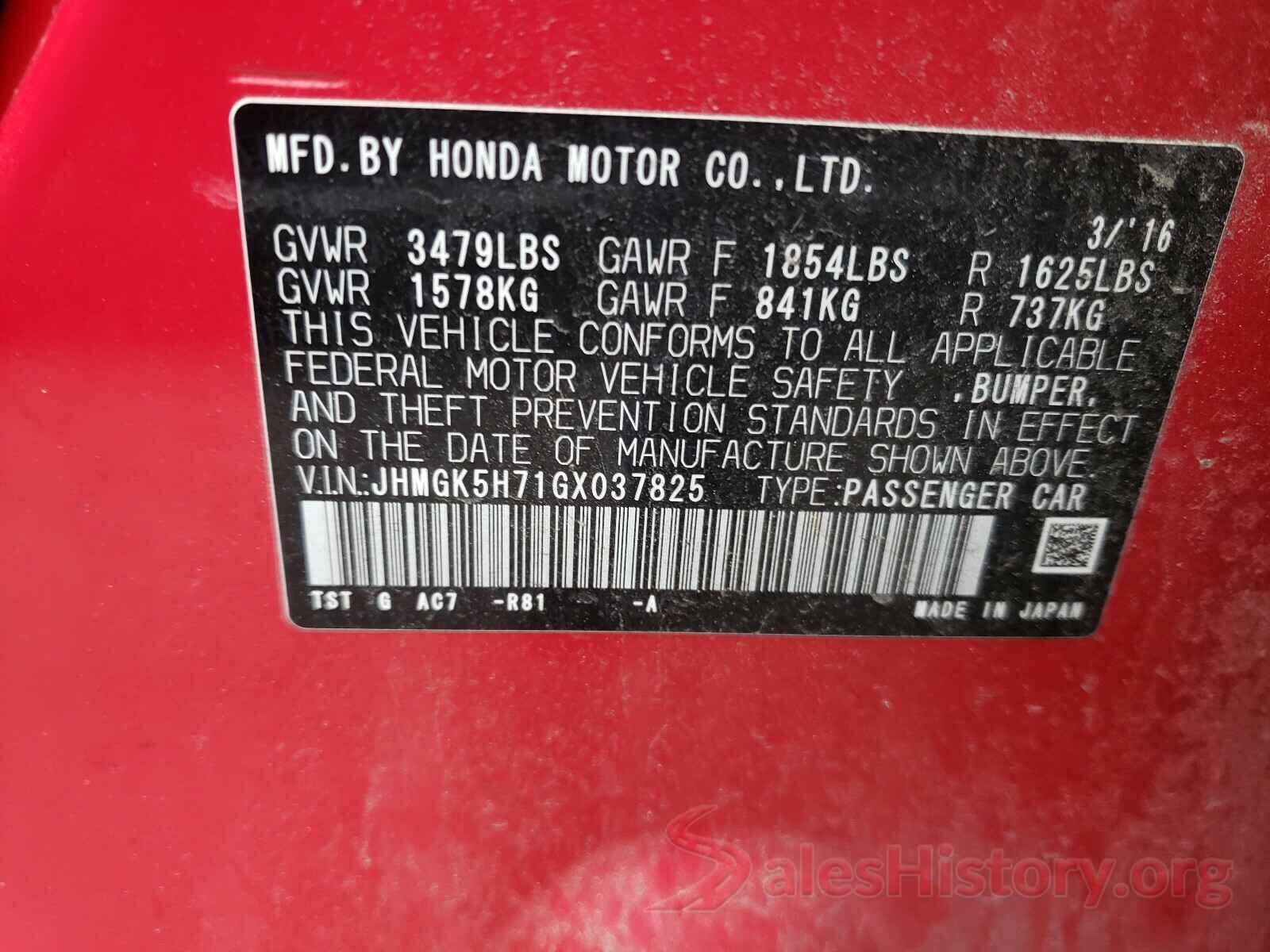 JHMGK5H71GX037825 2016 HONDA FIT