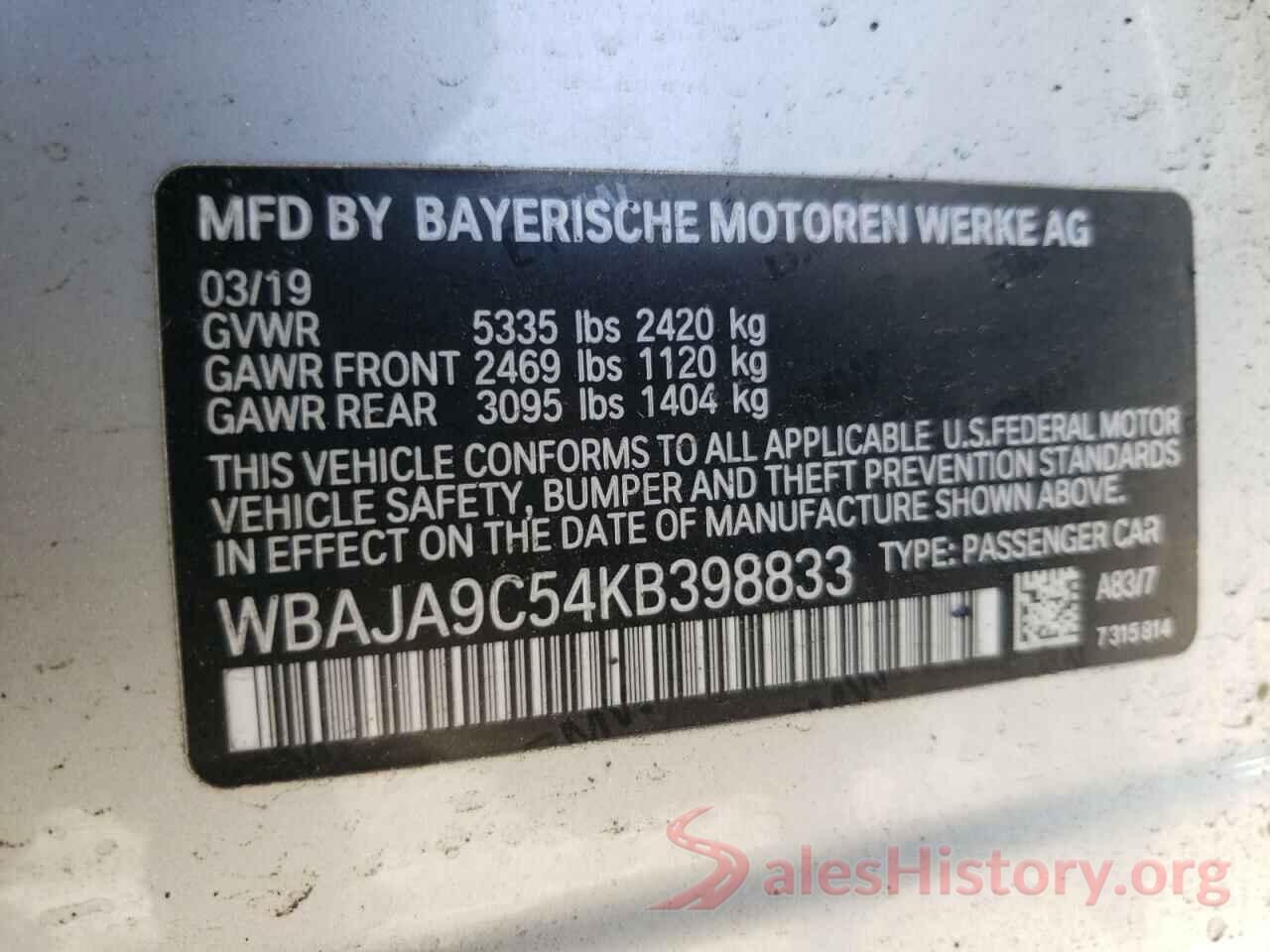 WBAJA9C54KB398833 2019 BMW 5 SERIES