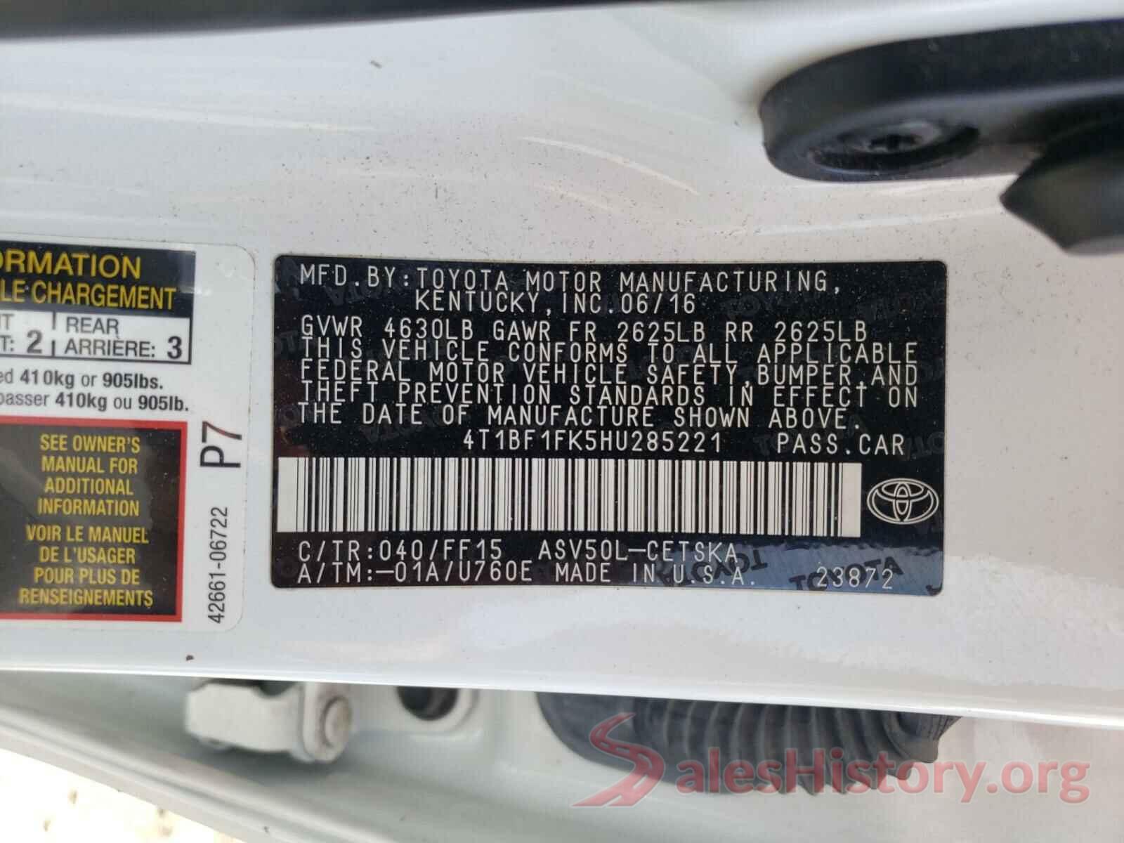 4T1BF1FK5HU285221 2017 TOYOTA CAMRY