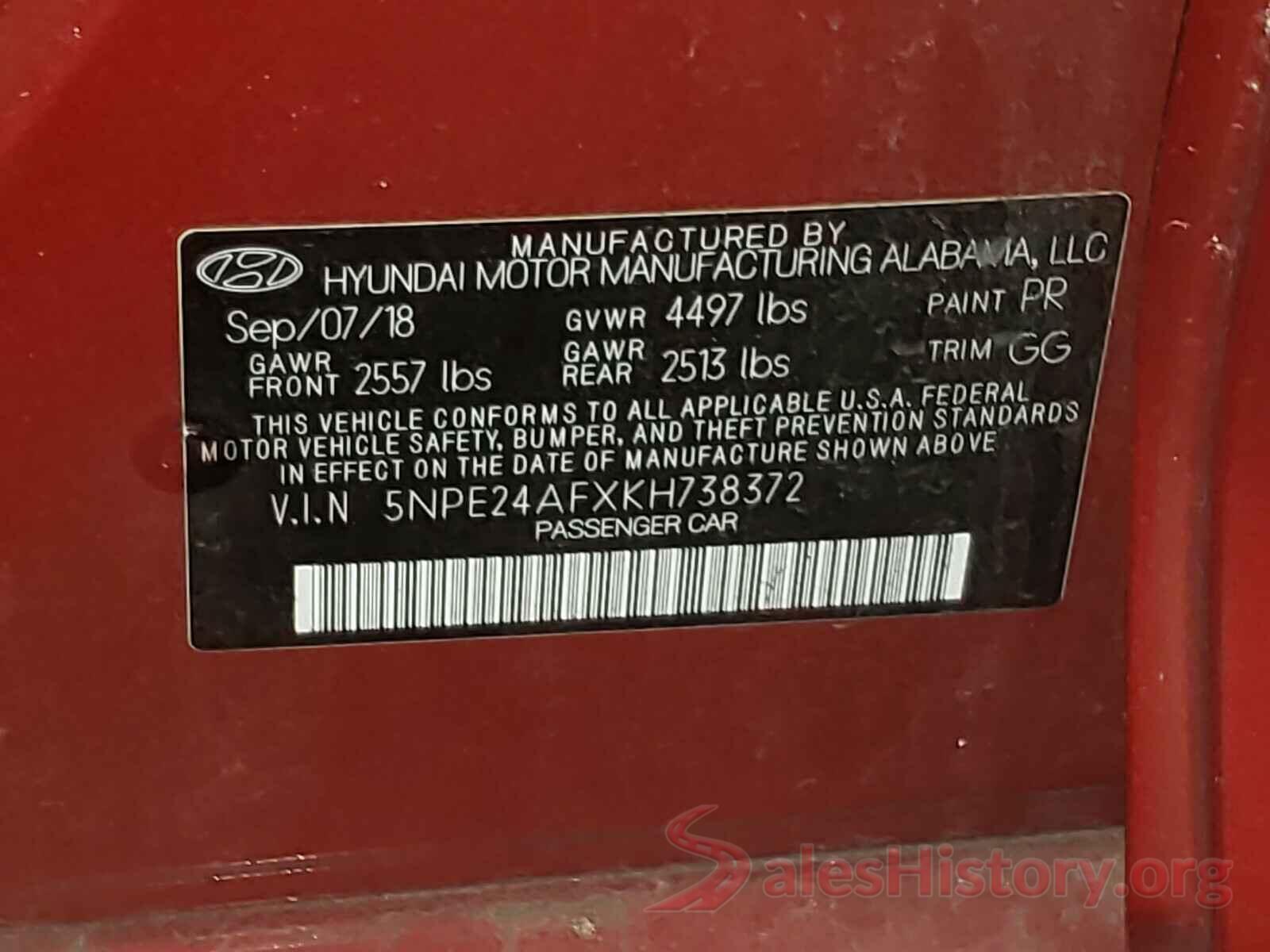 5NPE24AFXKH738372 2019 HYUNDAI SONATA