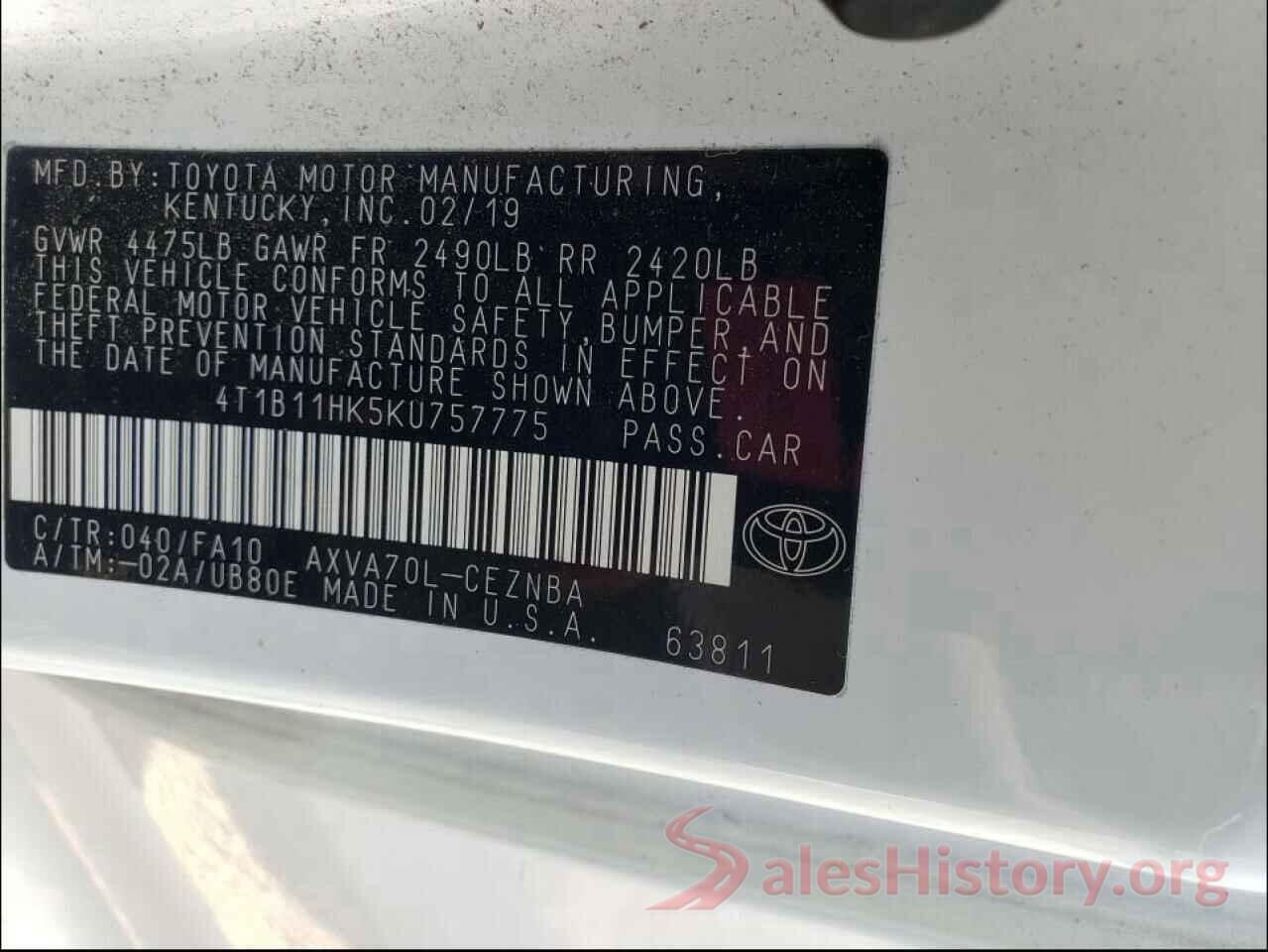 4T1B11HK5KU757775 2019 TOYOTA CAMRY