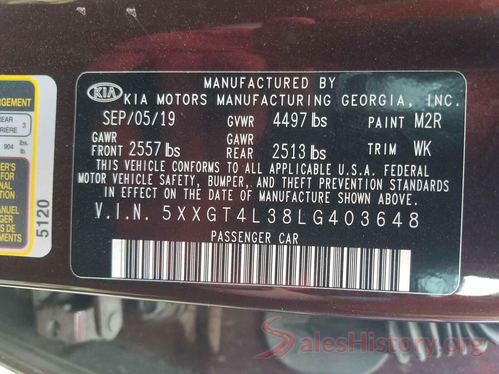 5XXGT4L38LG403648 2020 KIA OPTIMA