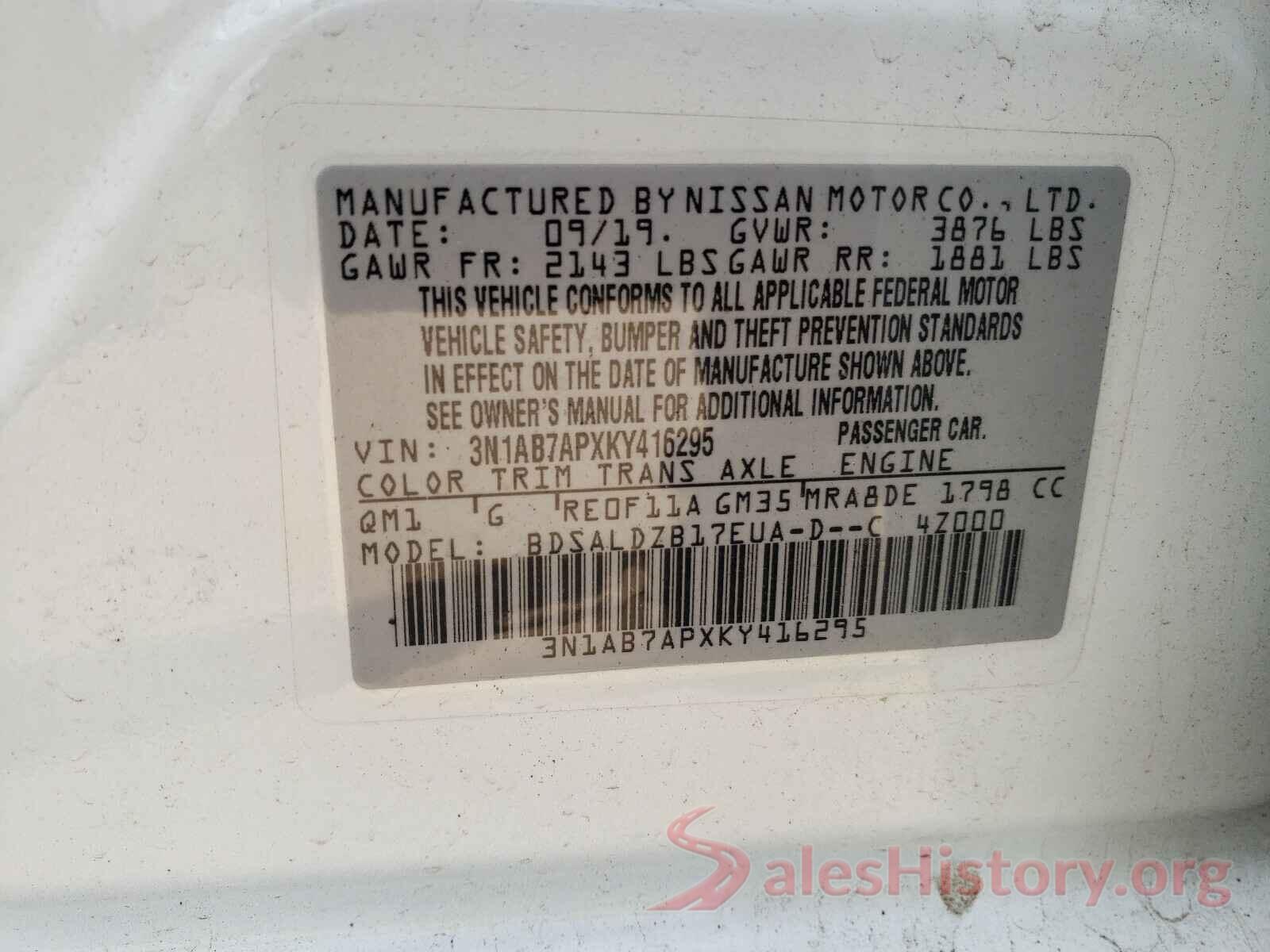 3N1AB7APXKY416295 2019 NISSAN SENTRA