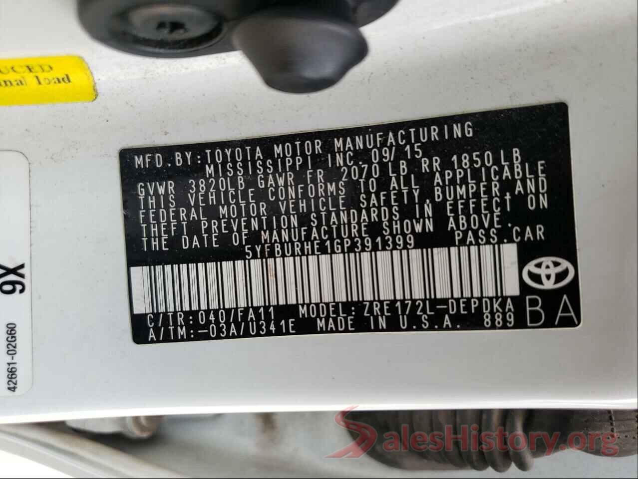 5YFBURHE1GP391399 2016 TOYOTA COROLLA