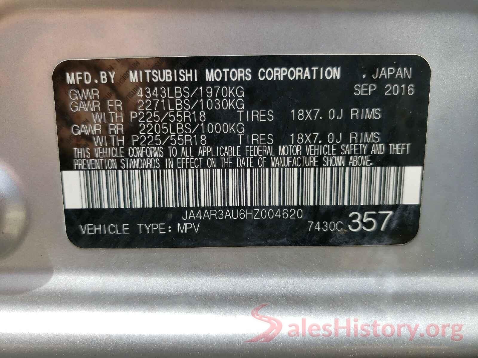 JA4AR3AU6HZ004620 2017 MITSUBISHI OUTLANDER