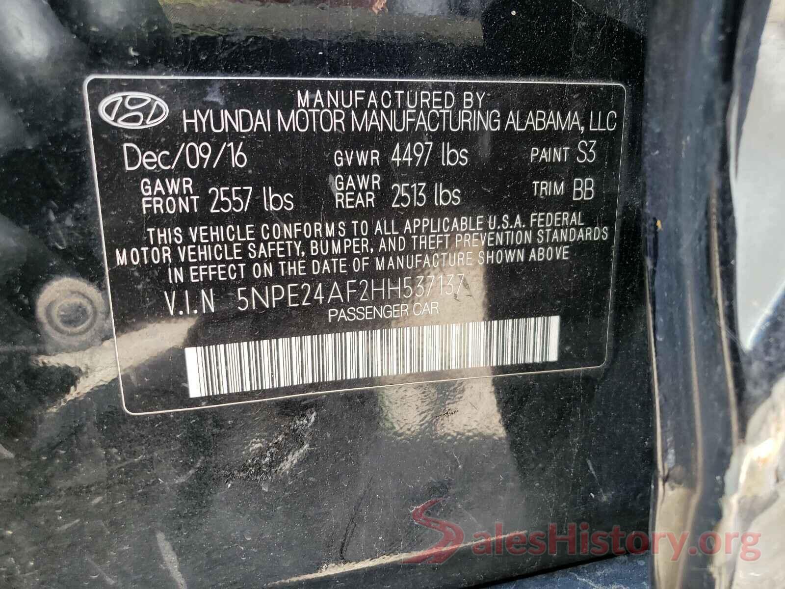 5NPE24AF2HH537137 2017 HYUNDAI SONATA