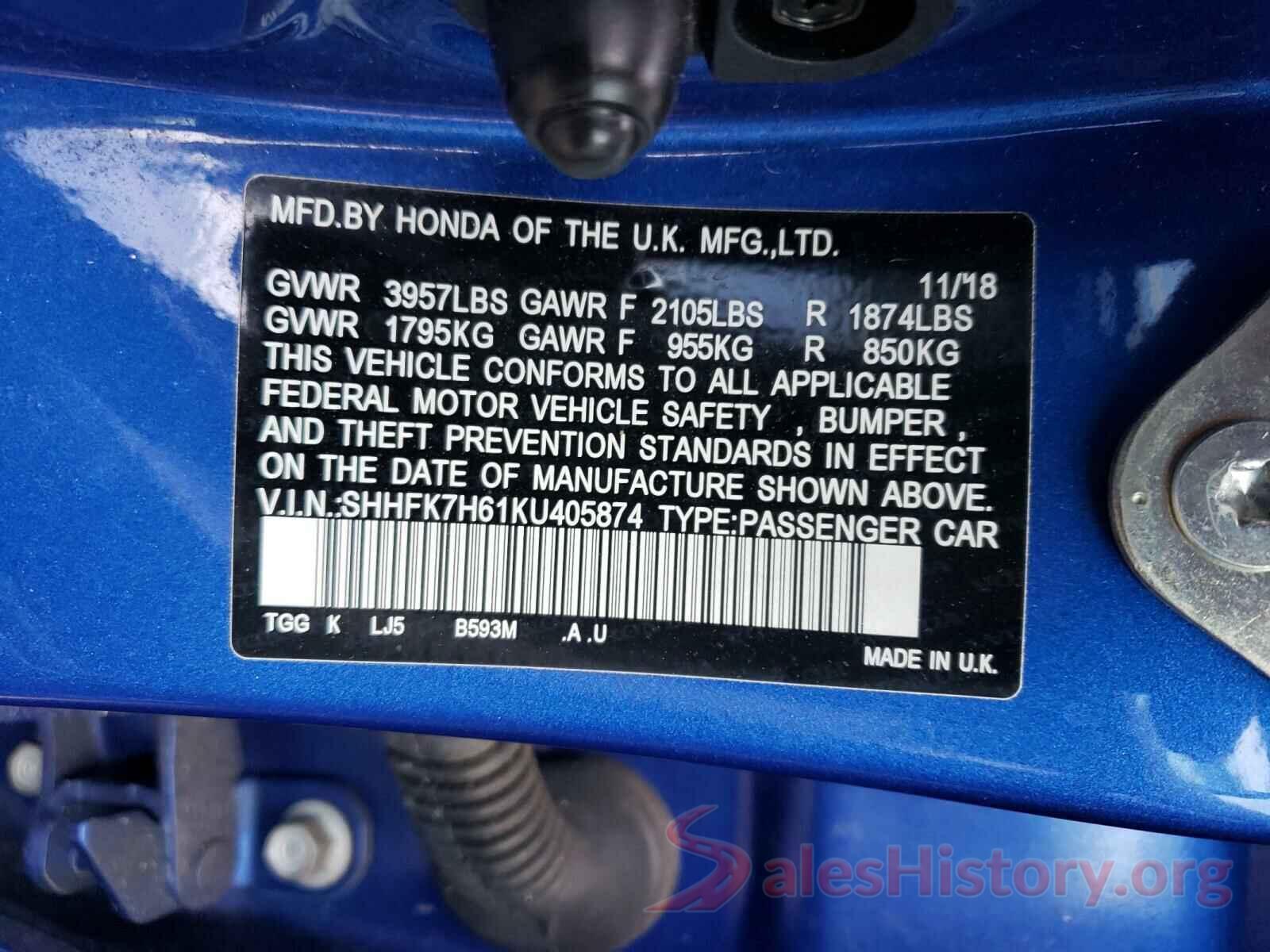 SHHFK7H61KU405874 2019 HONDA CIVIC