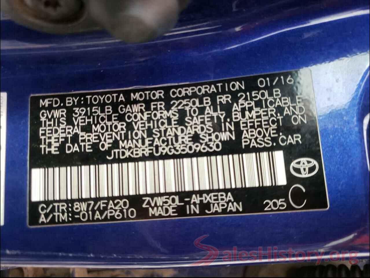 JTDKBRFU9G3509630 2016 TOYOTA PRIUS