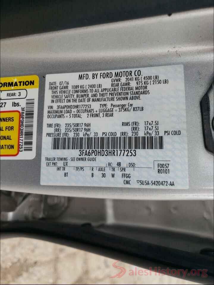 3FA6P0HD3HR177253 2017 FORD FUSION