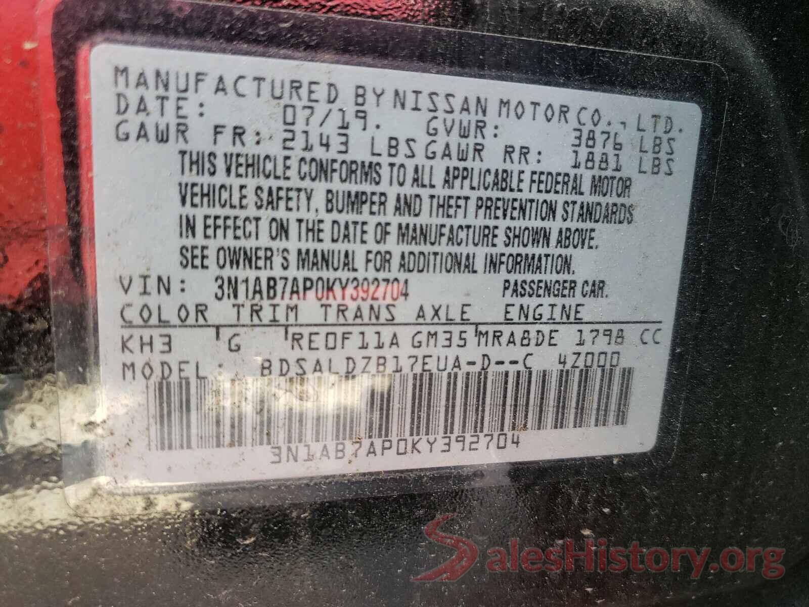 3N1AB7AP0KY392704 2019 NISSAN SENTRA