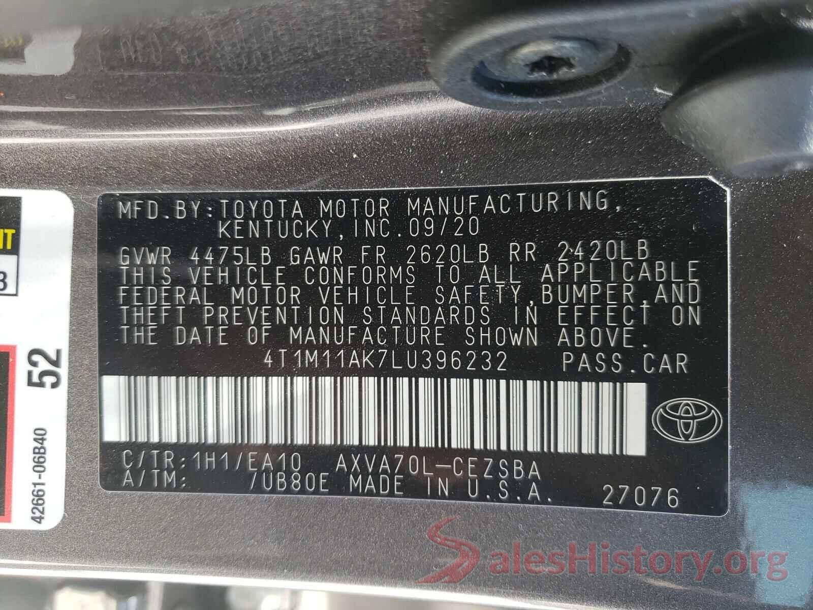 4T1M11AK7LU396232 2020 TOYOTA CAMRY