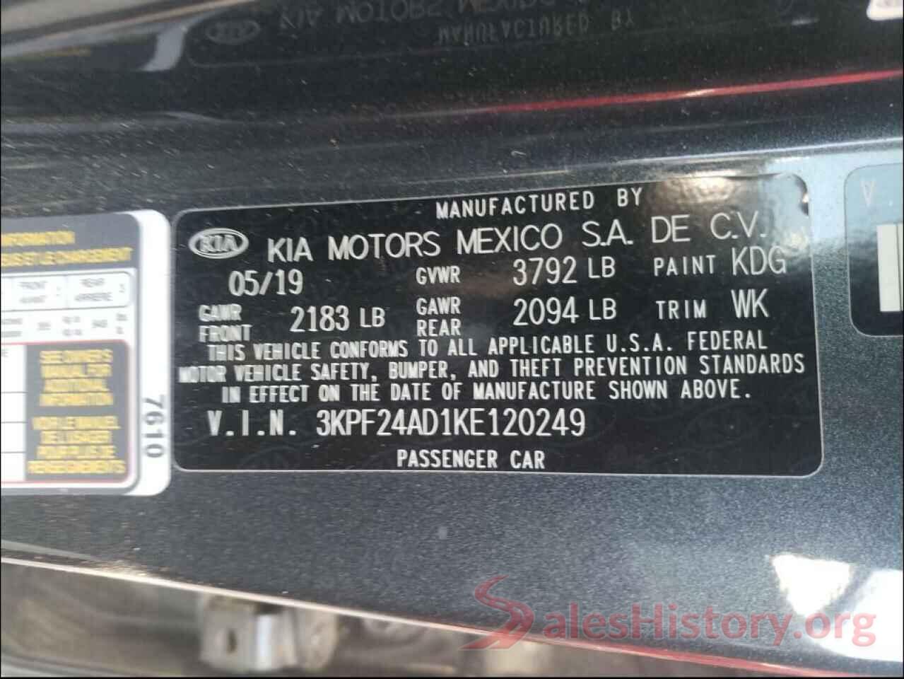 3KPF24AD1KE120249 2019 KIA FORTE