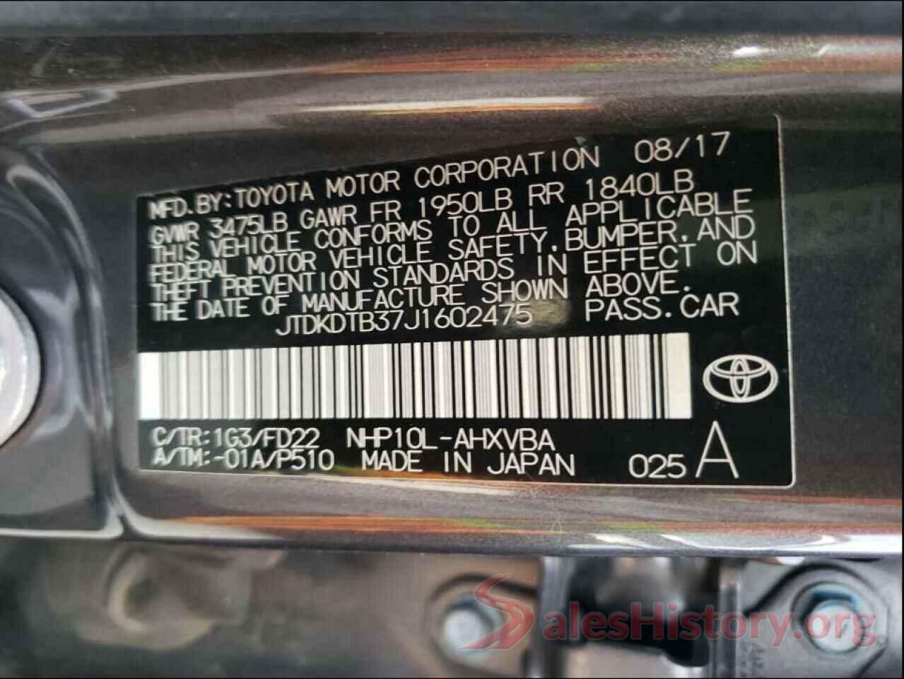 JTDKDTB37J1602475 2018 TOYOTA PRIUS