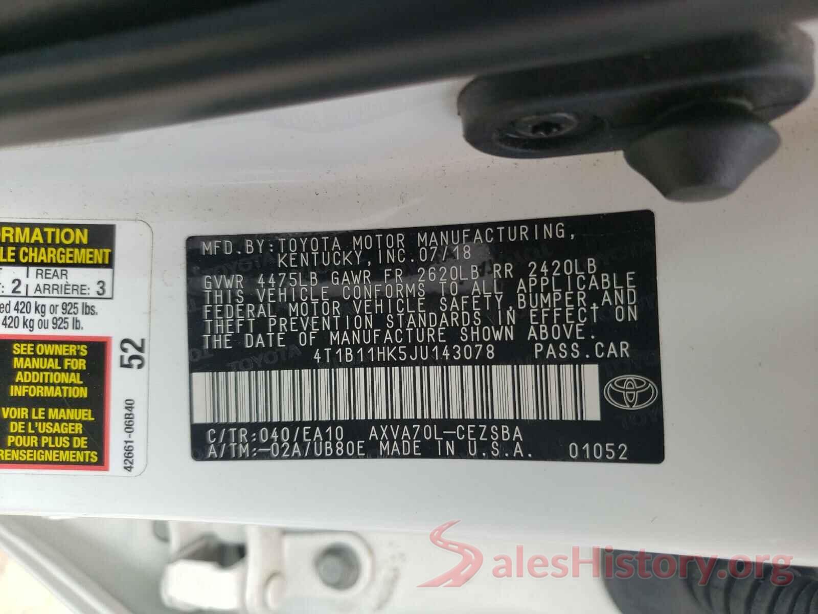 4T1B11HK5JU143078 2018 TOYOTA CAMRY