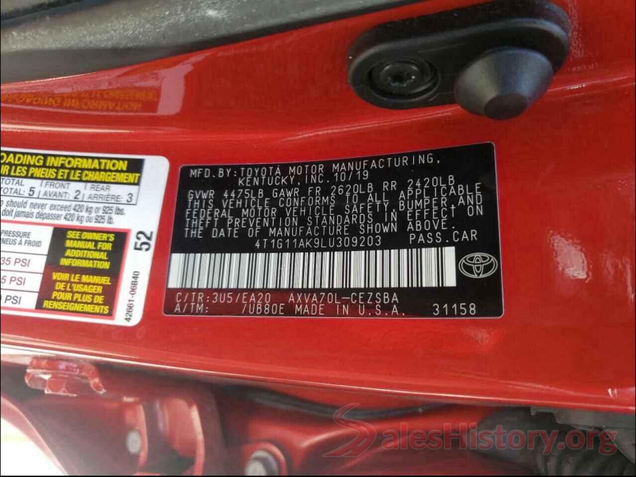 4T1G11AK9LU309203 2020 TOYOTA CAMRY