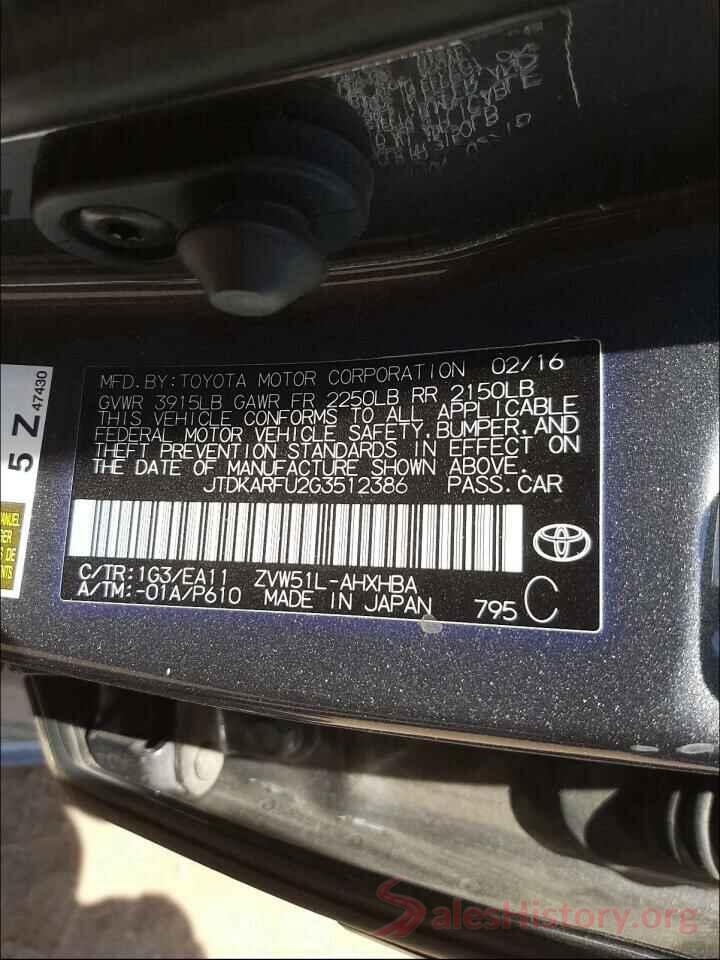 JTDKARFU2G3512386 2016 TOYOTA PRIUS