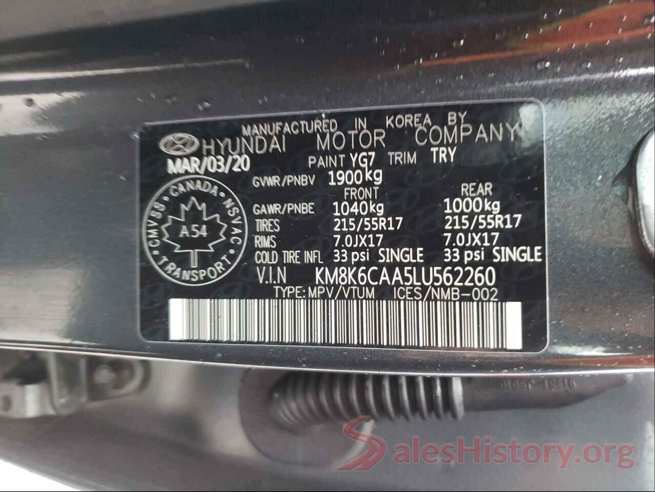 KM8K6CAA5LU562260 2020 HYUNDAI KONA