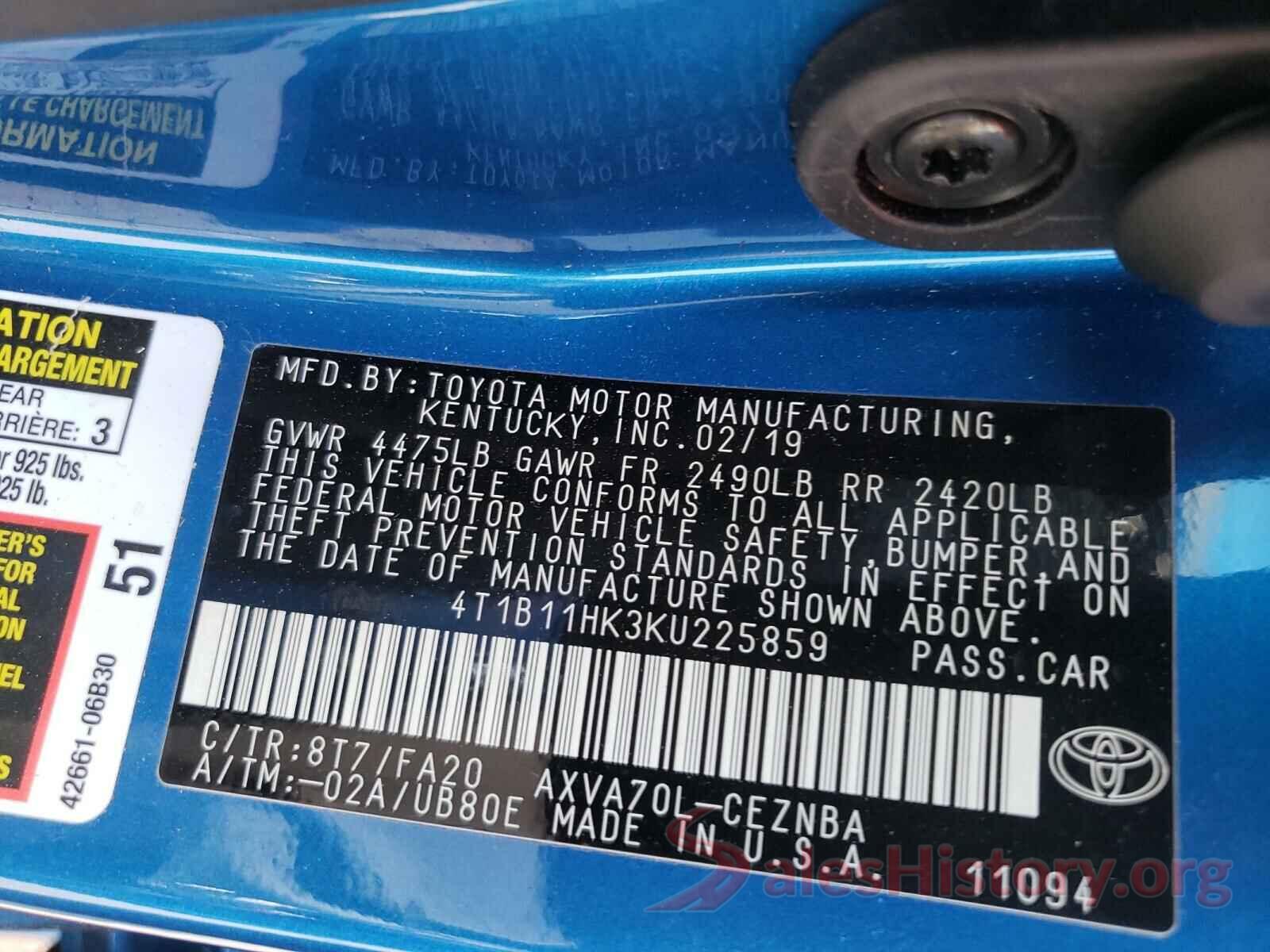 4T1B11HK3KU225859 2019 TOYOTA CAMRY