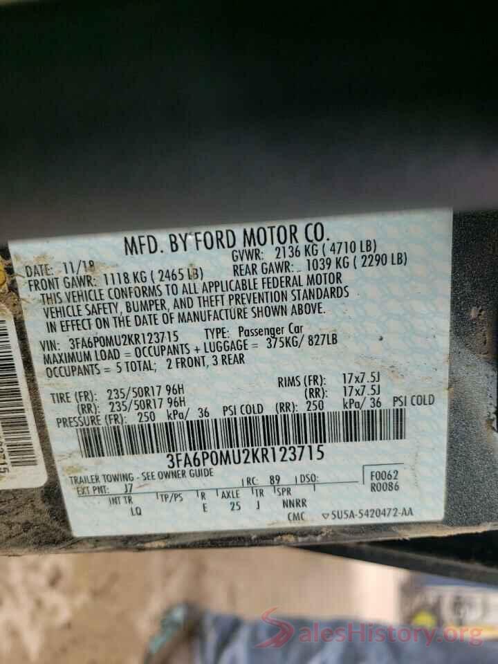 3FA6P0MU2KR123715 2019 FORD FUSION