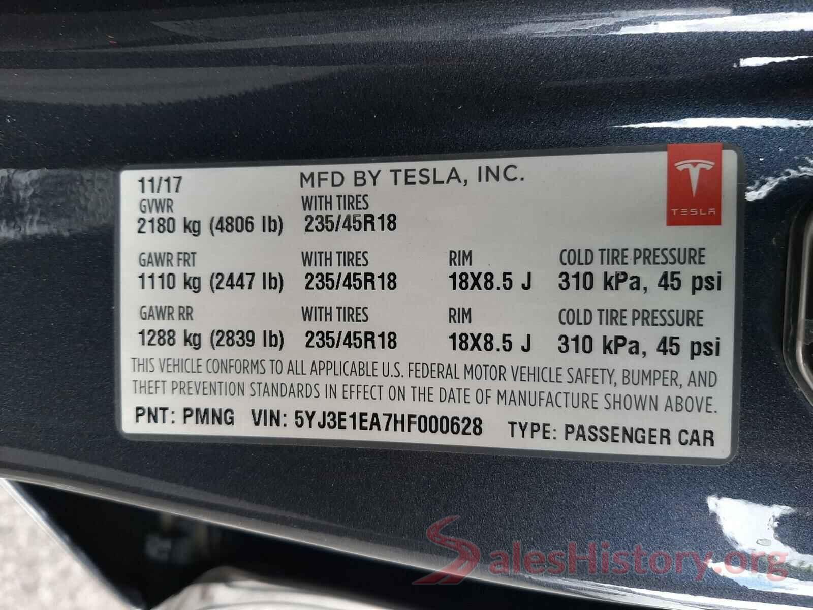 5YJ3E1EA7HF000628 2017 TESLA MODEL 3