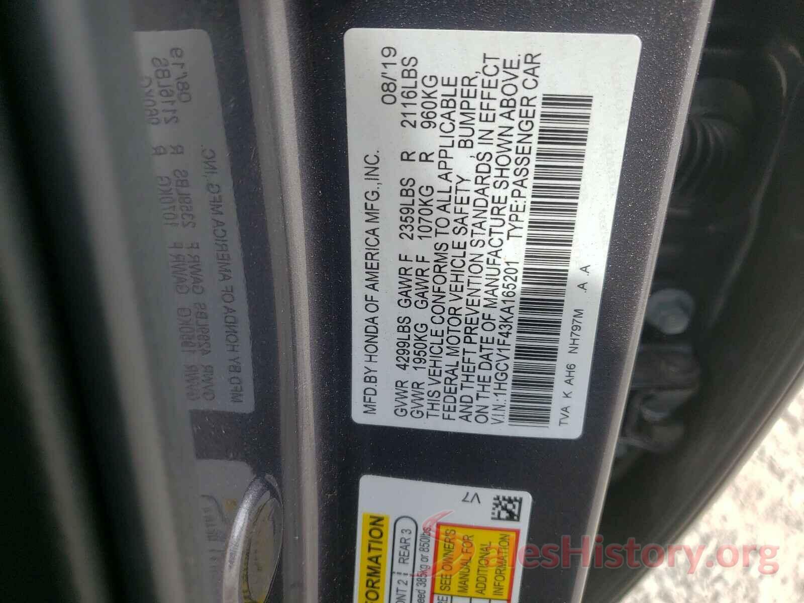 1HGCV1F43KA165201 2019 HONDA ACCORD