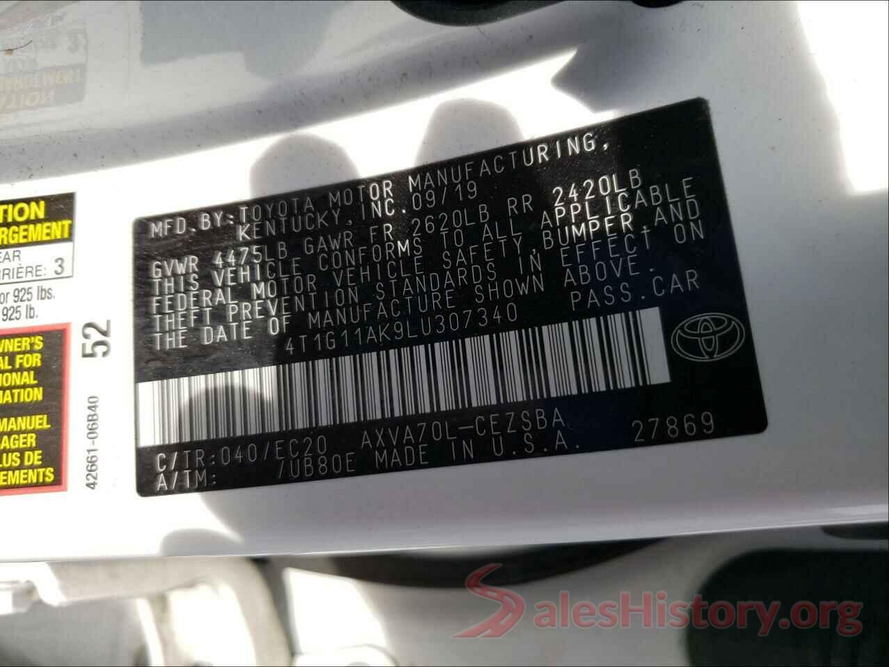 4T1G11AK9LU307340 2020 TOYOTA CAMRY