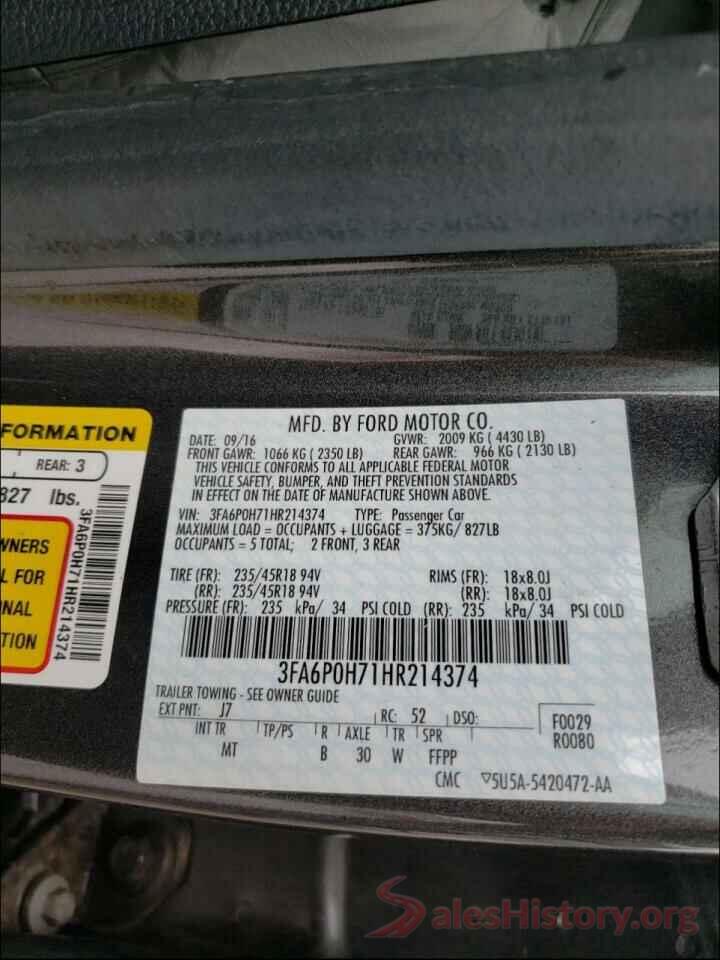 3FA6P0H71HR214374 2017 FORD FUSION