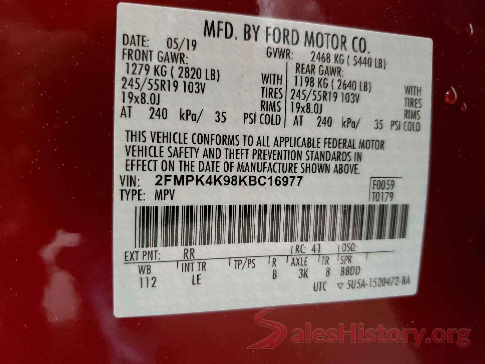 2FMPK4K98KBC16977 2019 FORD EDGE